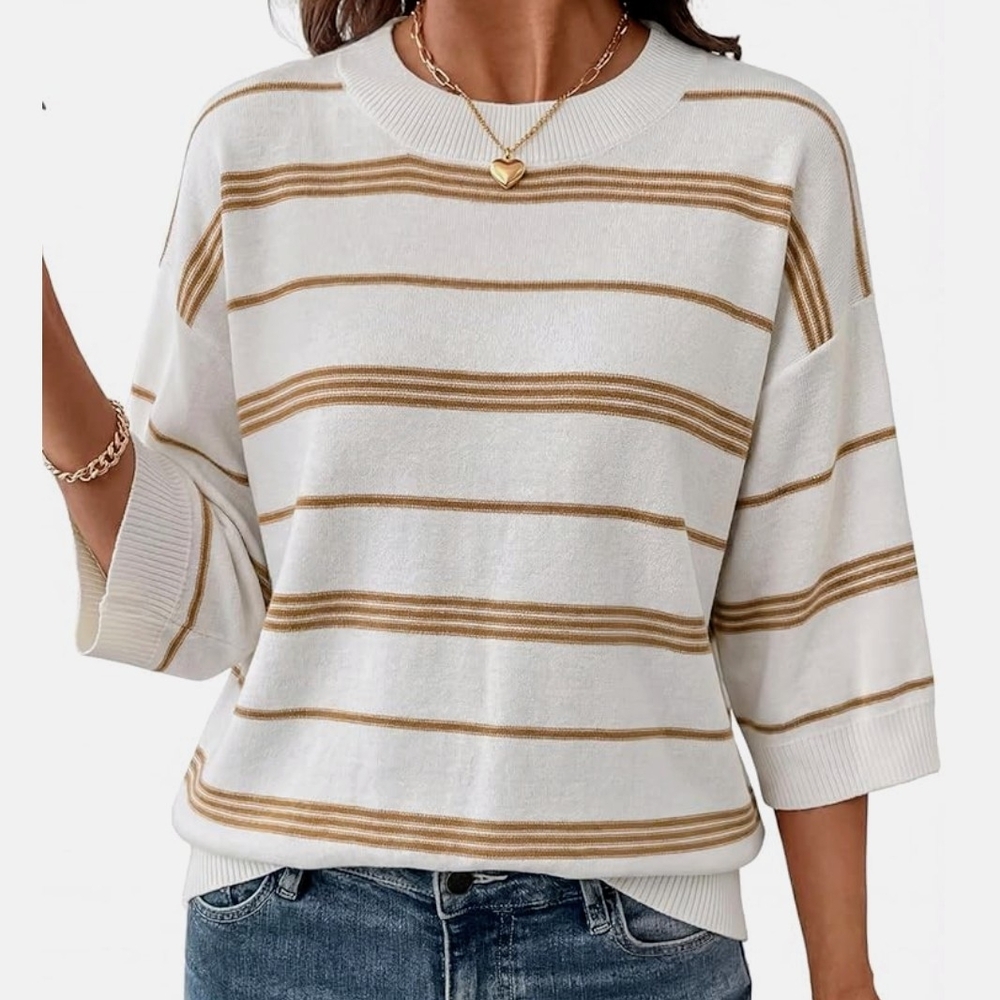 DOKOTOO White Knit Top with Tan Stripes
